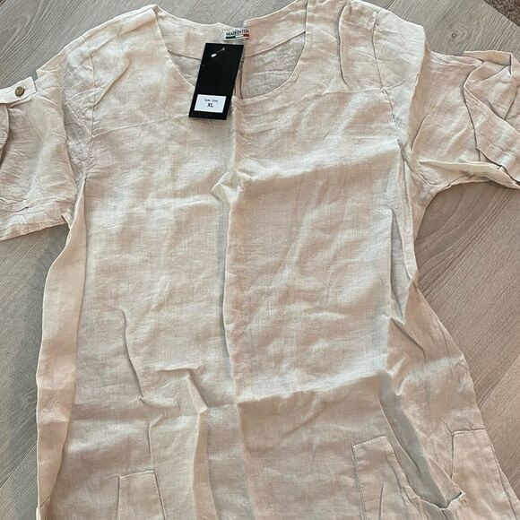 Ornella Paris Beige Pocket Linen Scoop Neck Shift Dress - Women XL - Picture 4 of 4